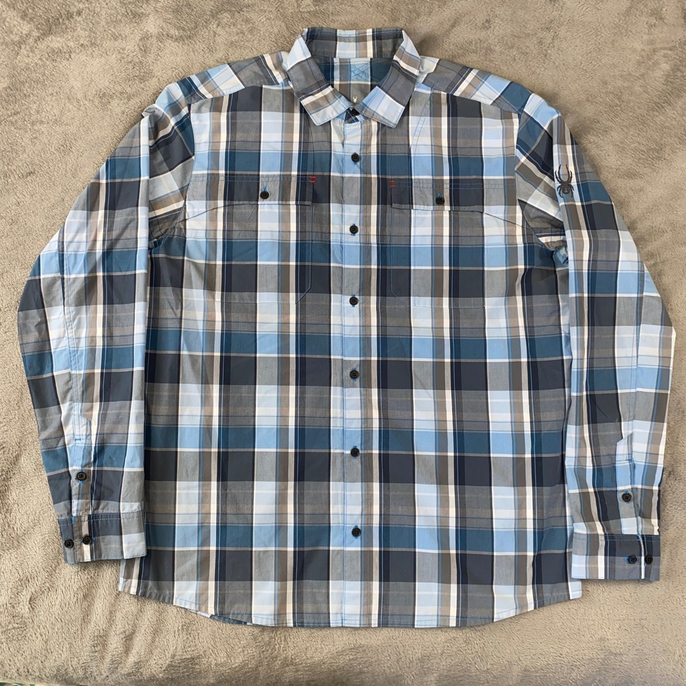 Spyder Button Down Shirt Mens XL Blue Grey Plaid Long Sleeve Hiking Utility